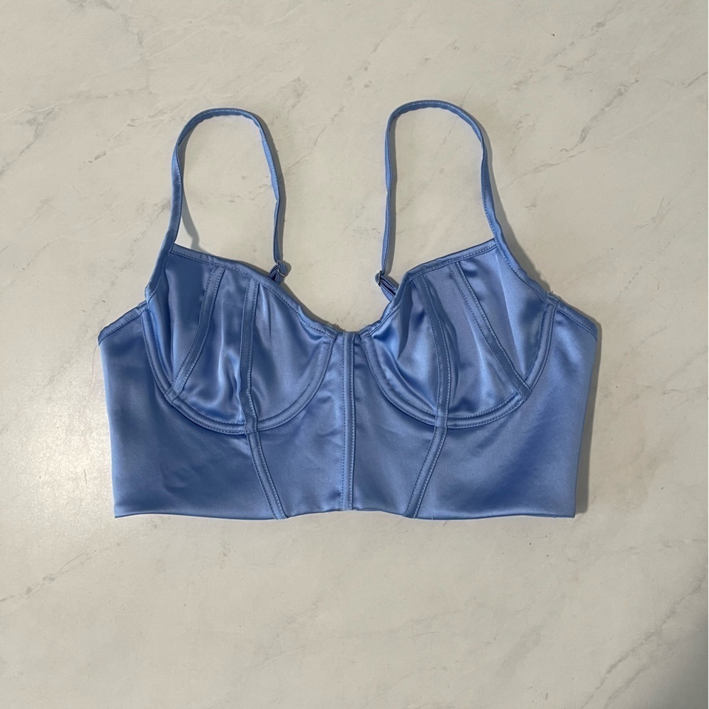 White Fox Women’s Blue Satin Corset Crop Top Size Medium